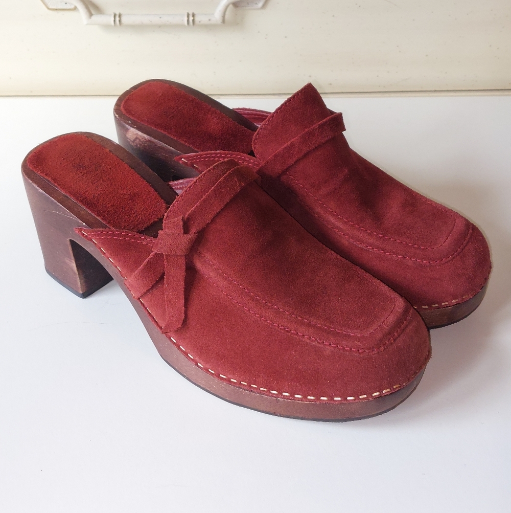 VTG Brazil Suede leather stacked heel platform clogs shoes slip American Eagle - Picture 3 of 6